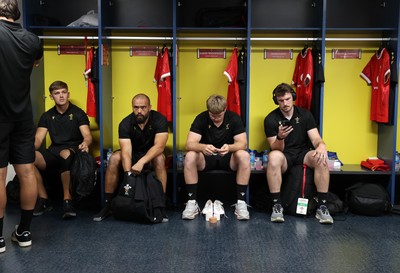 120725 - Japan v Wales - Summer Series - Second Test - Alex Mann, Josh Macleod, Aaron Wainwright and James Ratti of Wales in the dressing room