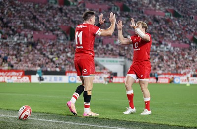 120725 - Japan v Wales - Summer Series - Second Test - Josh Adams of Wales celebrates scoring a try with team mates