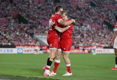 120725 - Japan v Wales - Summer Series - Second Test - Josh Adams of Wales celebrates scoring a try with team mates