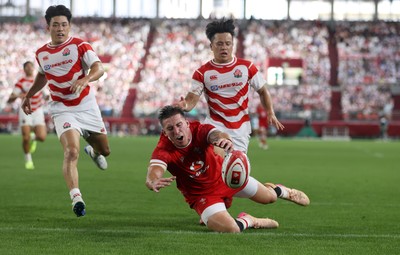120725 - Japan v Wales - Summer Series - Second Test - Josh Adams of Wales can�t get his hands to the ball before the line