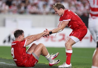 120725 - Japan v Wales - Summer Series - Second Test - Kieran Hardy of Wales celebrates scoring a try with Blair Murray