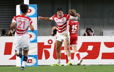 120725 - Japan v Wales - Summer Series - Second Test - Dylan Riley of Japan celebrates scoring a try