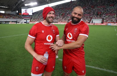 120725 - Japan v Wales - Summer Series - Second Test - Johnny Williams and Josh Macleod of Wales celebrate at full time