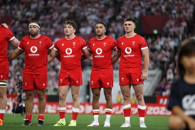 120725 - Japan v Wales - Summer Series - Second Test - Liam Belcher, Dan Edwards, Keelan Giles and Reuben Morgan-Williams of Wales sing the anthem
