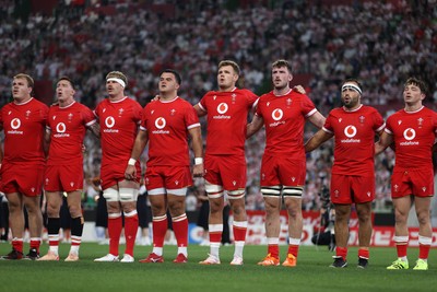 120725 - Japan v Wales - Summer Series - Second Test - Archie Griffins, Josh Adams, Aaron Wainwright, Chris Coleman, Taine Plumtree, James Ratti, Liam Belcher, Dan Edwards sing the anthem