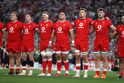 120725 - Japan v Wales - Summer Series - Second Test - Archie Griffin, Josh Adams, Aaron Wainwright, Chris Coleman, Taine Plumtree and James Ratti sing the anthem