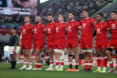 120725 - Japan v Wales - Summer Series - Second Test - Dewi Lake, Nicky Smith, Gareth Thomas, Tommy Reffell, Johnny Williams, Teddy Williams, Ben Thomas and Alex Mann sing the anthem