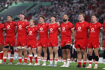 120725 - Japan v Wales - Summer Series - Second Test - Alex Mann, Freddie Thomas, Blair Murray, Kieran Hardy, Tom Rogers, Josh Macleod, Archie Griffin and Josh Adams sing the anthem