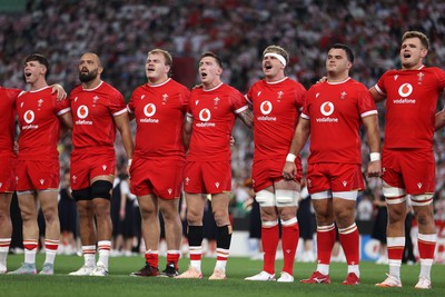 120725 - Japan v Wales - Summer Series - Second Test - Tom Rogers, Josh Macleod, Archie Griffin, Josh Adams, Aaron Wainwright, Chris Coleman and Taine Plumtree sing the anthem