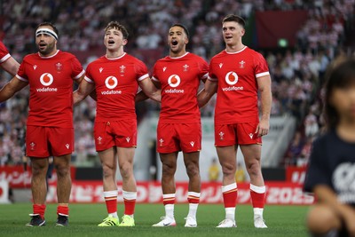 120725 - Japan v Wales - Summer Series - Second Test - Liam Belcher, Dan Edwards, Keelan Giles and Reuben Morgan-Williams sing the anthem