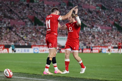 120725 - Japan v Wales - Summer Series - Second Test - Josh Adams of Wales celebrates scoring a try with Blair Murray