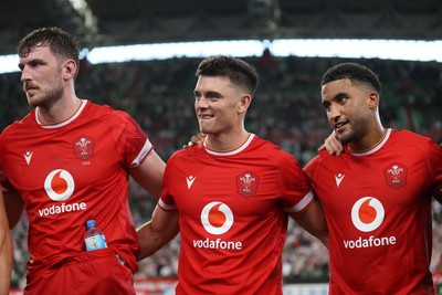 120725 - Japan v Wales - Summer Series - Second Test - James Ratti, Reuben Morgan-Williams and Keelan Giles of Wales at full time