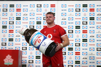 120725 - Japan v Wales - Summer Series - Second Test - Dewi Lake of Wales with the sponsor trophy 