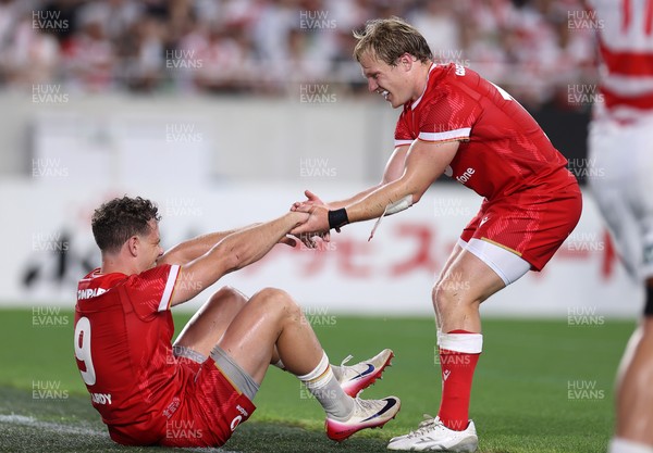 120725 - Japan v Wales - Summer Series - Second Test - Kieran Hardy of Wales celebrates scoring a try with Blair Murray