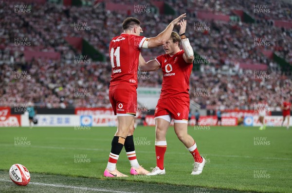 120725 - Japan v Wales - Summer Series - Second Test - Josh Adams of Wales celebrates scoring a try with Blair Murray