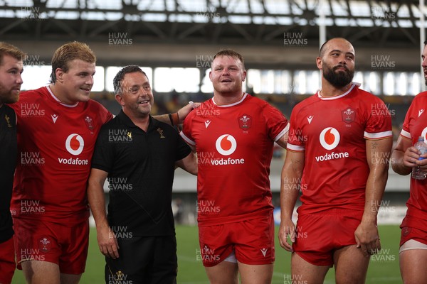 120725 - Japan v Wales - Summer Series - Second Test - Archie Griffin, Head Coach Matt Sherratt, Dewi Lake and Josh Macleod of Wales at full time
