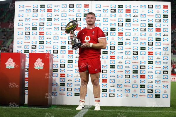 120725 - Japan v Wales - Summer Series - Second Test - Dewi Lake of Wales with the sponsor trophy 