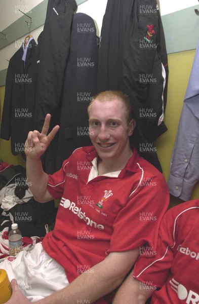 170601- Japan v Wales - Debut double try scorer Tom Shanklin celebrates in the dressing room