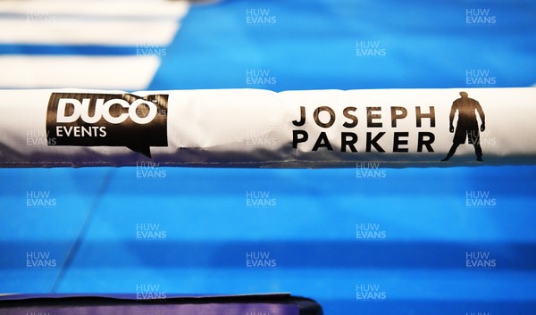 280318 - Joshua v Parker Public Workout at St Davids Hall, Cardiff -  Joseph Parker and Duco branding on the ropes