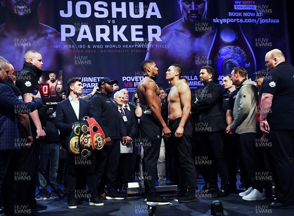 290318 - Anthony Joshua v Joseph Parker - Heavyweight Boxing World Title Fight Official Weigh In -  Joshua and Parker