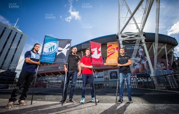 100815 - Judgement Day IV Photocall - Players from the four Welsh Regions at the announcement of Judgement Day IV, left to right, Josh Navidi of Cardiff Blues, Joe Bearman of Ospreys, James Davies of Scarlets and Tom Prydie of Newport Gwent Dragons