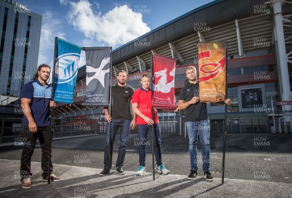 100815 - Judgement Day IV Photocall - Players from the four Welsh Regions at the announcement of Judgement Day IV, left to right, Josh Navidi of Cardiff Blues, Joe Bearman of Ospreys, James Davies of Scarlets and Tom Prydie of Newport Gwent Dragons