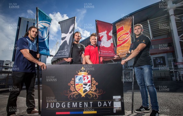 100815 - Judgement Day IV Photocall - Players from the four Welsh Regions at the announcement of Judgement Day IV, left to right, Josh Navidi of Cardiff Blues, Joe Bearman of Ospreys, James Davies of Scarlets and Tom Prydie of Newport Gwent Dragons