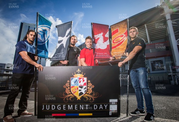 100815 - Judgement Day IV Photocall - Players from the four Welsh Regions at the announcement of Judgement Day IV, left to right, Josh Navidi of Cardiff Blues, Joe Bearman of Ospreys, James Davies of Scarlets and Tom Prydie of Newport Gwent Dragons