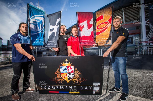 100815 - Judgement Day IV Photocall - Players from the four Welsh Regions at the announcement of Judgement Day IV, left to right, Josh Navidi of Cardiff Blues, Joe Bearman of Ospreys, James Davies of Scarlets and Tom Prydie of Newport Gwent Dragons