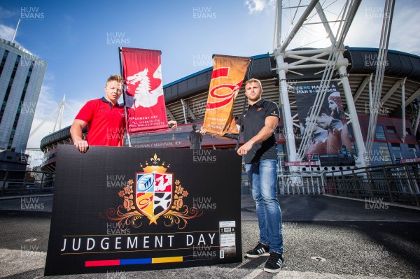 100815 - Judgement Day IV Photocall - Players from the Welsh Regions at the announcement of Judgement Day IV, James Davies of Scarlets and Tom Prydie of Newport Gwent Dragons, whose teams face each other