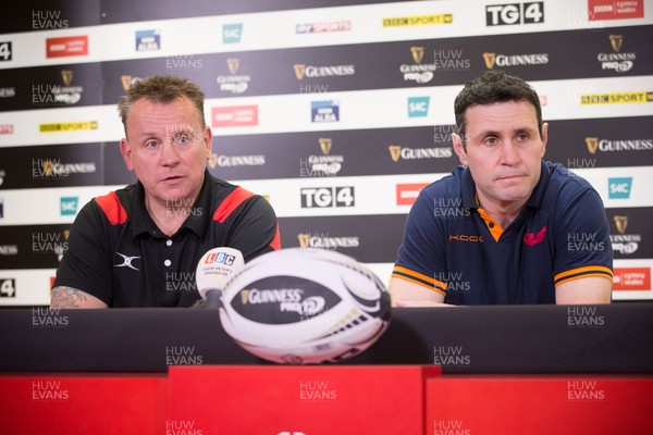 040417 - Judgement Day Press Conference - Newport Gwent Dragons head coach Kingsley Jones and Scarlets coach Stephen Jones during press conference ahead of their Judgement Day clash