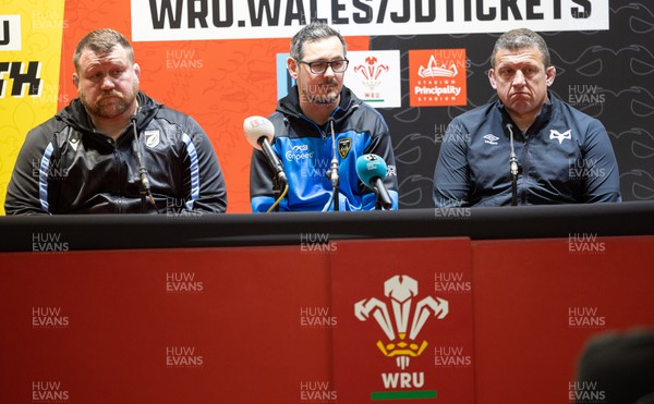 120423 - Judgement Day Press Conference -  Left to right, Dai Young, Director Rugby at Cardiff Rugby, Dai Flanagan head coach at Dragons RFC and Toby Booth, head coach at Ospreys during a Judgement Day press conference in advance of the matches between Scarlets and Dragons RFC, and Cardiff Rugby and Ospreys at the Principality Stadium on the 22nd April 2023