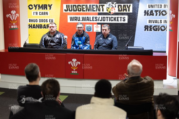 120423 - Judgement Day Press Conference -  Left to right, Dai Young, Director Rugby at Cardiff Rugby, Dai Flanagan head coach at Dragons RFC and Toby Booth, head coach at Ospreys during a Judgement Day press conference in advance of the matches between Scarlets and Dragons RFC, and Cardiff Rugby and Ospreys at the Principality Stadium on the 22nd April 2023