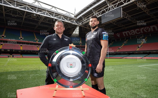 120423 - Judgement Day Press Conference - Ospreys head coach Toby Booth and Rhys Davies with the URC Welsh Shield during a Judgement Day press conference in advance of the matches between Scarlets and Dragons RFC, and Cardiff Rugby and Ospreys at the Principality Stadium on the 22nd April 2023
