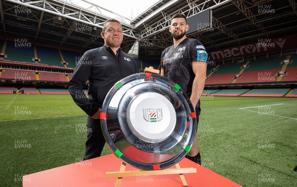 120423 - Judgement Day Press Conference - Ospreys head coach Toby Booth and Rhys Davies with the URC Welsh Shield during a Judgement Day press conference in advance of the matches between Scarlets and Dragons RFC, and Cardiff Rugby and Ospreys at the Principality Stadium on the 22nd April 2023