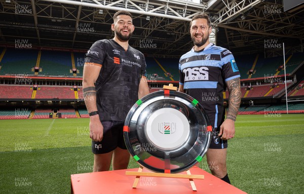 120423 - Judgement Day Press Conference - Left to right, Ospreys Rhys Davies and Cardiff Rugby Josh Turnbull with the URC Welsh Shield during a Judgement Day press conference in advance of the matches between Scarlets and Dragons RFC, and Cardiff Rugby and Ospreys at the Principality Stadium on the 22nd April 2023