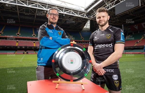 120423 - Judgement Day Press Conference - Dragons RFC head coach Dai Flanagan and Steph Hughes with the URC Welsh Shield during a Judgement Day press conference in advance of the matches between Scarlets and Dragons RFC, and Cardiff Rugby and Ospreys at the Principality Stadium on the 22nd April 2023