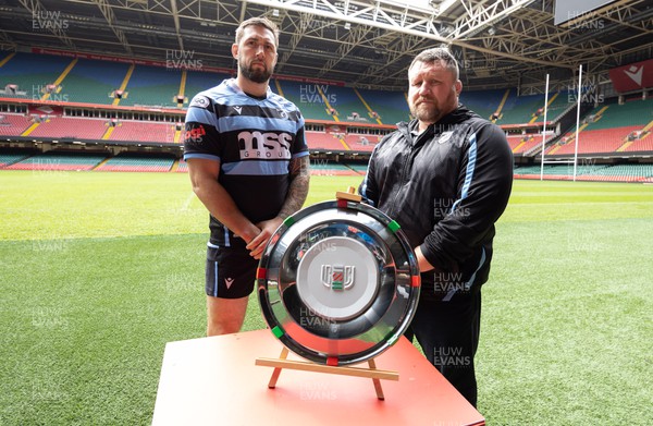120423 - Judgement Day Press Conference - Cardiff Rugby’s Josh Turnbull and Director of Rugby Dai Young with the URC Welsh Shield during a Judgement Day press conference in advance of the matches between Scarlets and Dragons RFC, and Cardiff Rugby and Ospreys at the Principality Stadium on the 22nd April 2023