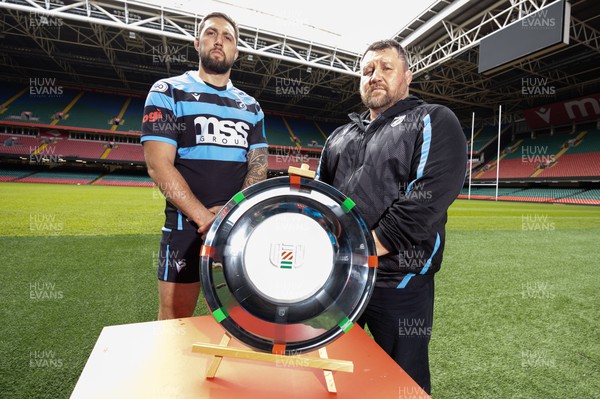 120423 - Judgement Day Press Conference - Cardiff Rugby’s Josh Turnbull and Director of Rugby Dai Young with the URC Welsh Shield during a Judgement Day press conference in advance of the matches between Scarlets and Dragons RFC, and Cardiff Rugby and Ospreys at the Principality Stadium on the 22nd April 2023