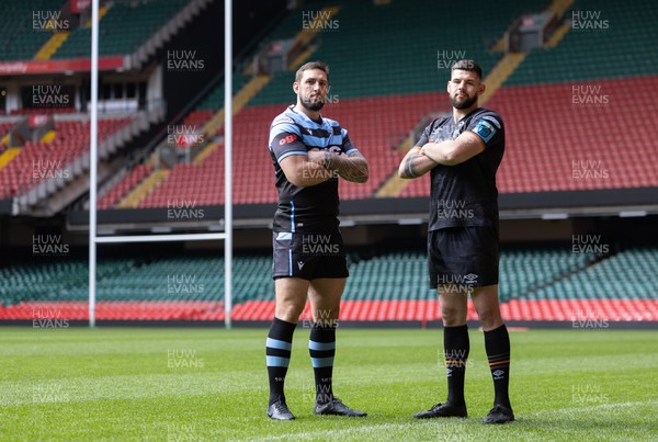 120423 - Judgement Day Press Conference - Left to right, Cardiff Rugby Josh Turnbull and Ospreys Rhys Davies during a Judgement Day press conference in advance of the matches between Scarlets and Dragons RFC, and Cardiff Rugby and Ospreys at the Principality Stadium on the 22nd April 2023