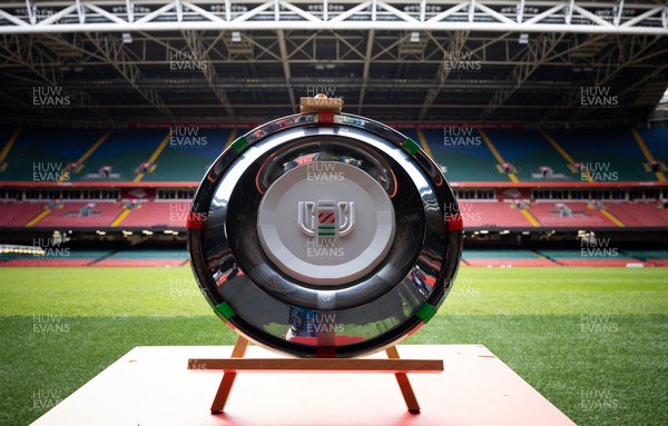 120423 - Judgement Day Press Conference, The URC Welsh Shield during a Judgement Day press conference in advance of the matches between Scarlets and Dragons RFC, and Cardiff Rugby and Ospreys at the Principality Stadium on the 22nd April 2023