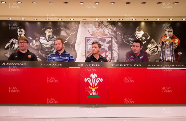 100418 - WRU Judgement Day VI Photocall, Principality Stadium - Coaching Representatives of the four Welsh Regional teams involved in the forthcoming Judgement Day VI Left to right, James Chapron, Dragons; Dwayne Goodfield, Cardiff Blues; Allen Clarke, Ospreys and Stephen Jones of Scarlets