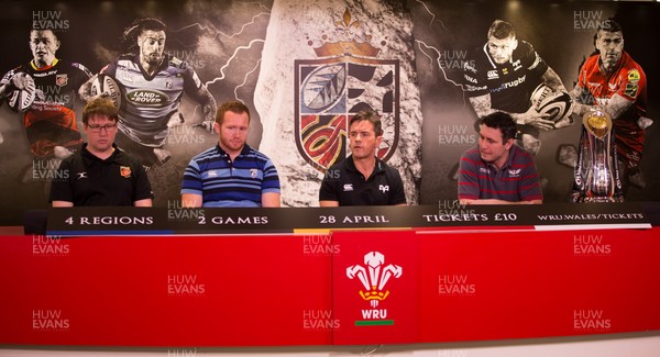 100418 - WRU Judgement Day VI Photocall, Principality Stadium - Coaching Representatives of the four Welsh Regional teams involved in the forthcoming Judgement Day VI Left to right, James Chapron, Dragons; Dwayne Goodfield, Cardiff Blues; Allen Clarke, Ospreys and Stephen Jones of Scarlets