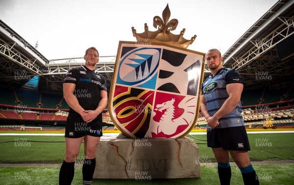 100418 - WRU Judgement Day VI Photocall, Principality Stadium - Players from the Welsh Regional teams who will play each other in the forthcoming Judgement Day VI Bradley Davies, Ospreys, left, and Kristian Dacey, Cardiff Blues 