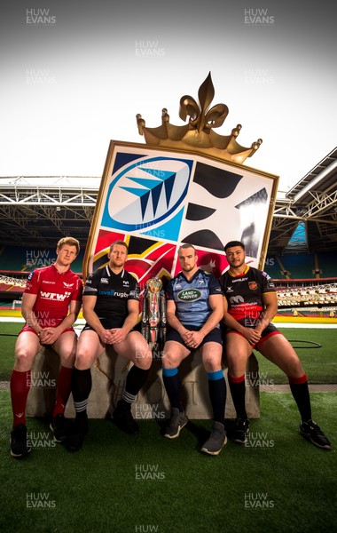 100418 - WRU Judgement Day VI Photocall, Principality Stadium - Players from the four Welsh Regional teams involved in the forthcoming Judgement Day VI Left to right, Rhys Patchell, Scarlets; Bradley Davies, Ospreys; Kristian Dacey, Cardiff Blues and Leon Brown, Dragons