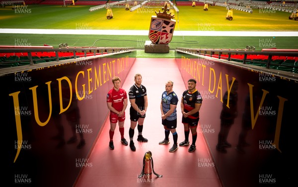 100418 - WRU Judgement Day VI Photocall, Principality Stadium - Players from the four Welsh Regional teams involved in the forthcoming Judgement Day VI Left to right, Rhys Patchell, Scarlets; Bradley Davies, Ospreys; Kristian Dacey, Cardiff Blues and Leon Brown, Dragons