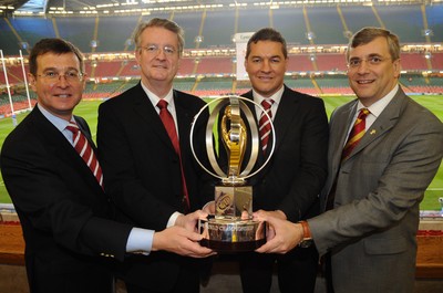 07.05.08 - Wales Junior World Championship Sponsorship Announcement - Roger Lewis (WRU Group Chief Executive), Bernard Lapasset (IRB Chairman), David Pickering (WRU Chairman) and Rick White (Invesco Perpetual) with the Junior World Championship Trophy. 