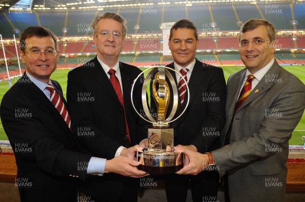 07.05.08 - Wales Junior World Championship Sponsorship Announcement - Roger Lewis (WRU Group Chief Executive), Bernard Lapasset (IRB Chairman), David Pickering (WRU Chairman) and Rick White (Invesco Perpetual) with the Junior World Championship Trophy. 