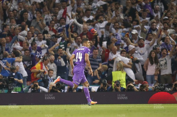 030617 - Juventus v Real Madrid, UEFA Champions League Final, Cardiff -Casemiro of Real Madrid races away to celebrate after scoring the second goal