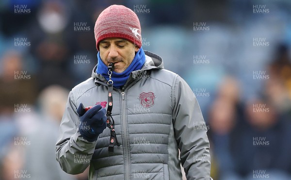 010225 - Leeds United v Cardiff City - Sky Bet Championship - Manager Omer Riza of Cardiff with whistle and stopwatch takes warm up